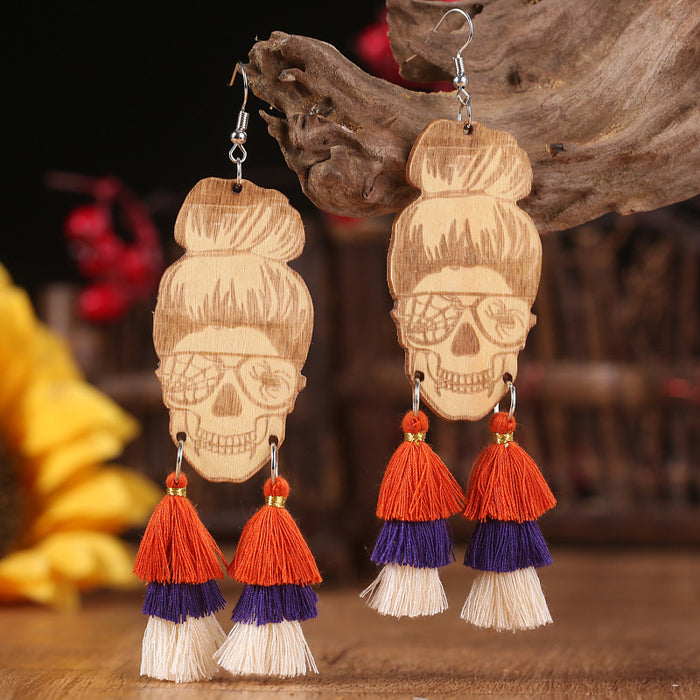 New Fringed Wooden Skull Spider Personality Lady Earrings