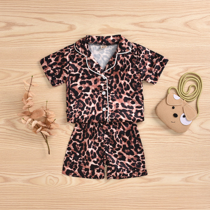 Thin home pajamas suit leopard Shirt Top Shorts two pieces