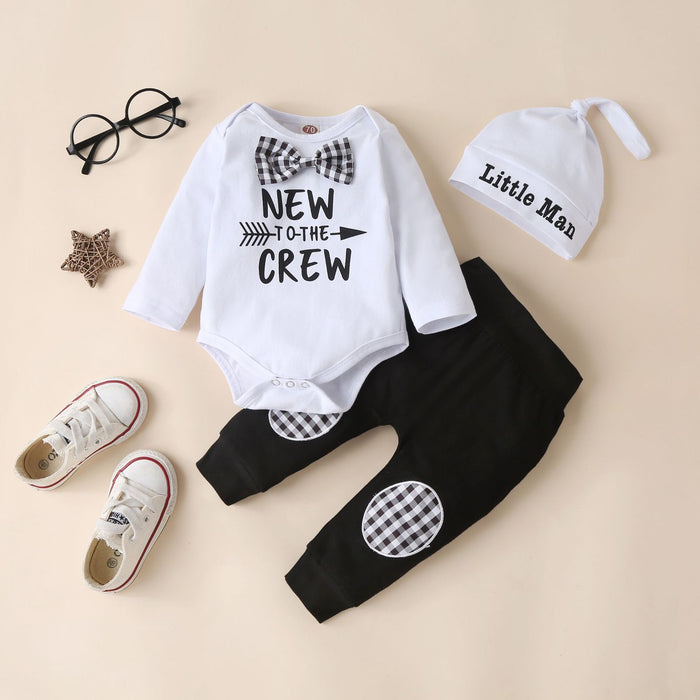 Boys' long sleeve letter printed Khaki embroidered trousers hat three piece set