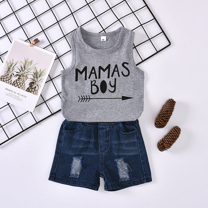 Sleeveless letter top washed hole denim shorts