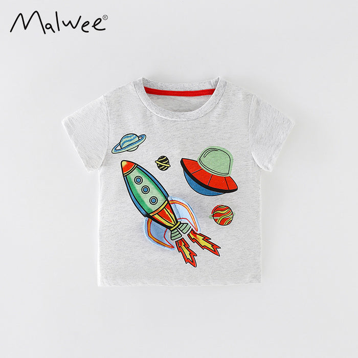 Small and medium-sized boys' cartoon cotton short sleeve round neck T-shirt