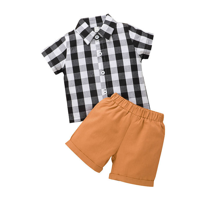 Boys' Plaid Lapel Gentlemen's Shirt & Shorts Two-piece Set