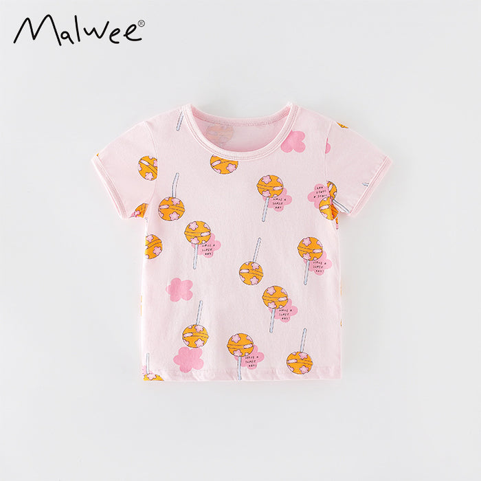 Girls' cartoon cotton short sleeve round neck printed T-shirt