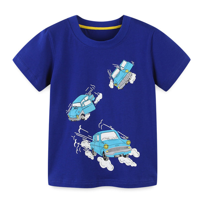 Cartoon round neck knitted cotton children's short sleeved T-shirt