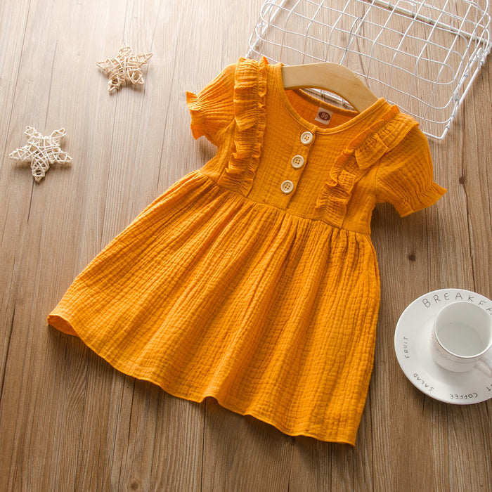 Cotton linen short sleeve stitched girls dress