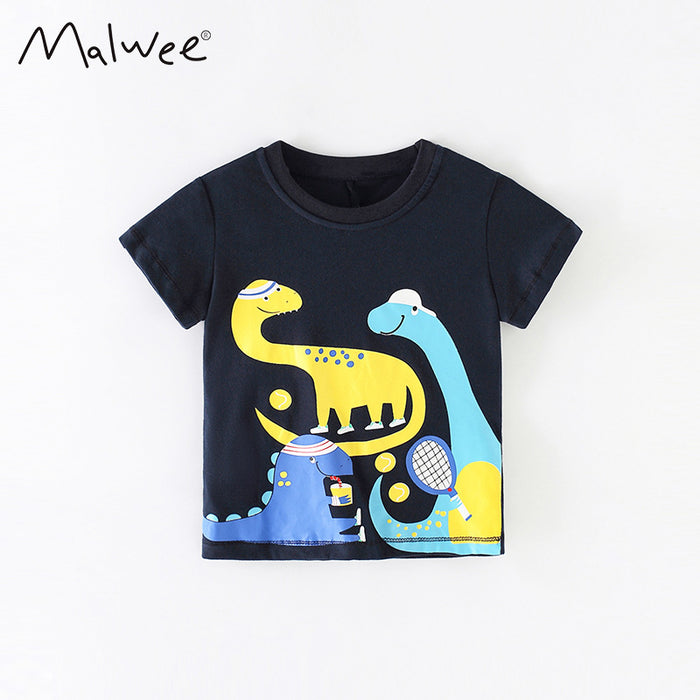 Boys' printed animal cartoon cotton short sleeve round neck T-shirt