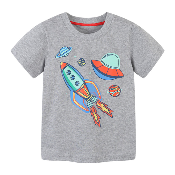 Knitted cotton short sleeve T-shirt cartoon round neck