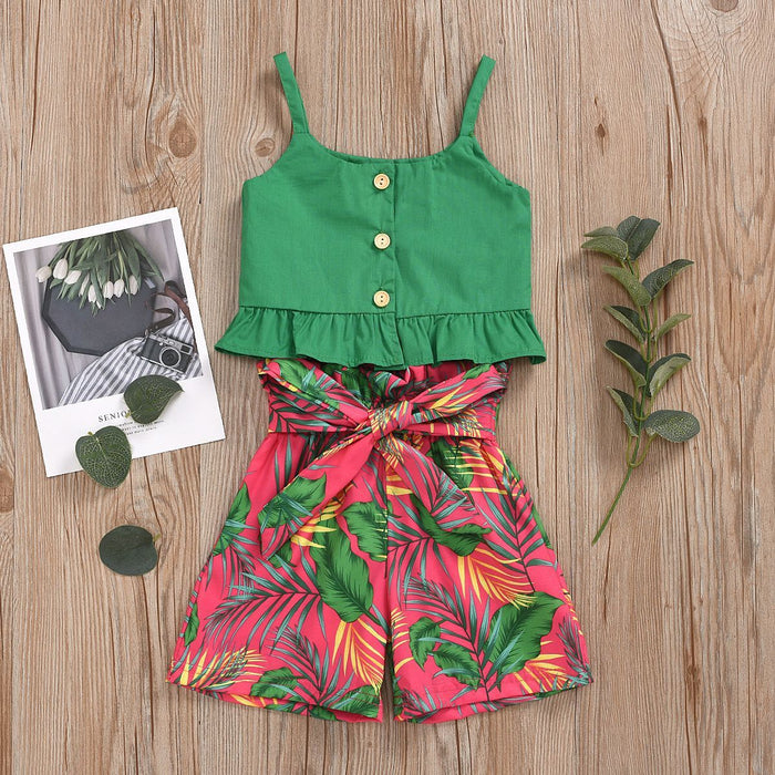 Suspender plant printed bow waist closing Shorts Set