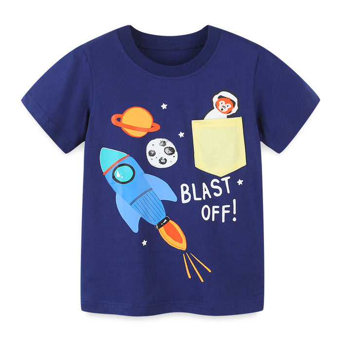 Boys' T-shirt cartoon round neck pocket children's T-shirt