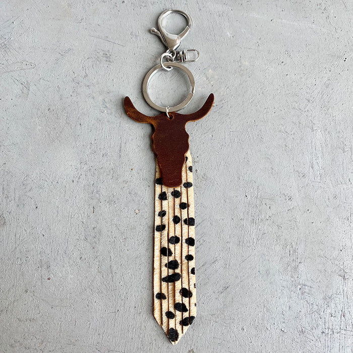 Western Leather Key Chain Texture Ox Head Leopard Fringe Pendant