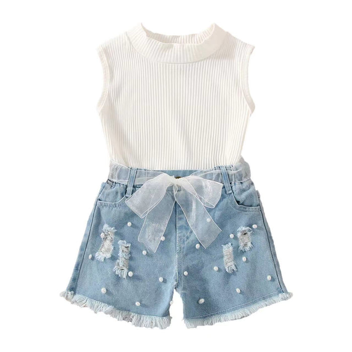 Sleeveless pit strip children's suit denim shorts two-piece set