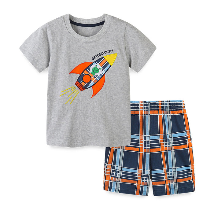 Knitted cotton medium and small children's round neck shorts two-piece set