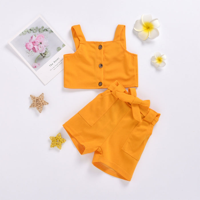 Suspender sleeveless top solid color shorts butterfly lace up Pants Set