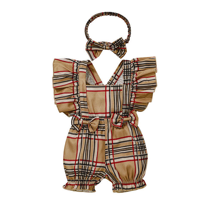 Baby Summer Plaid Headband Jumpsuit Set