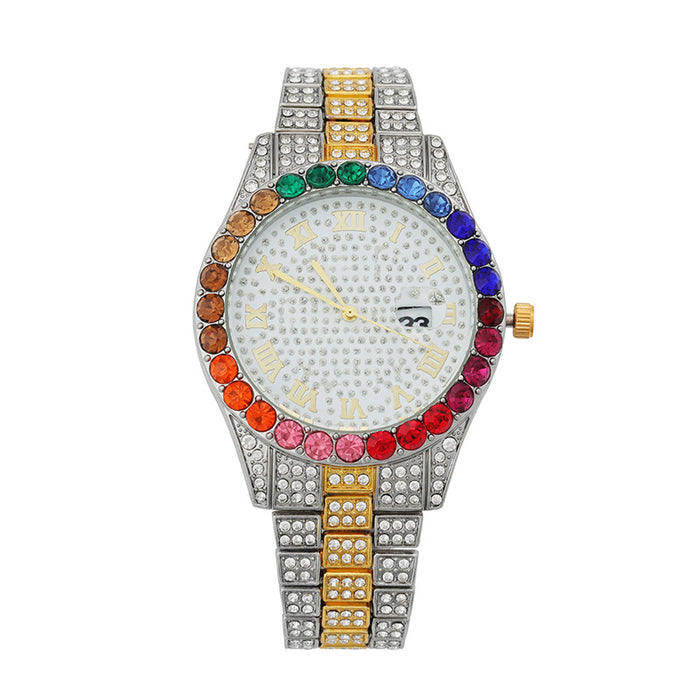 New Full Sky Star Steel Band Color Diamond Calendar Quartz Watch Llz20802