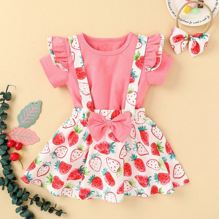 Seasonal strawberry full print strap skirt three pieces