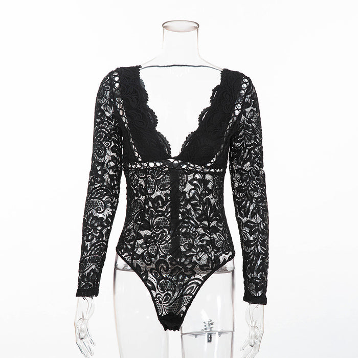 Women's Long Sleeve One-piece Underwear Lace V-neck Bodysuit