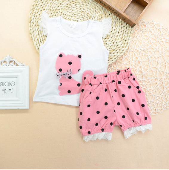 Sleeveless Kitty Polka Dot lace shorts two piece set