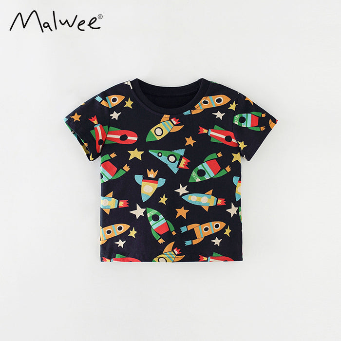 Boys' printed cotton T-shirt with round sleeves