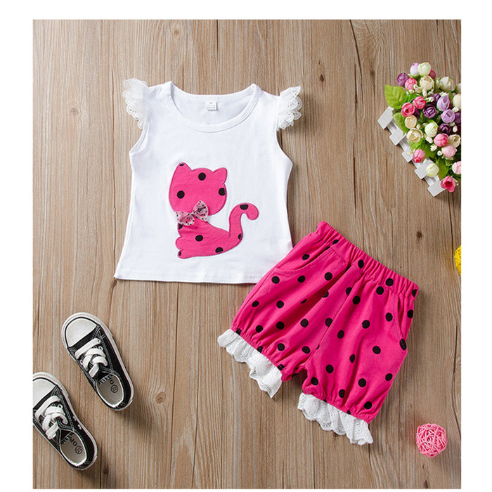 Sleeveless Kitty Polka Dot lace shorts two piece set