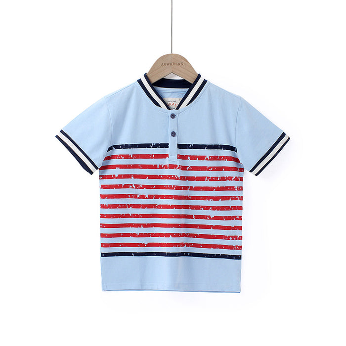 Small and medium-sized children's open chest stand collar Top Boys' Casual Short Sleeve T-Shirt