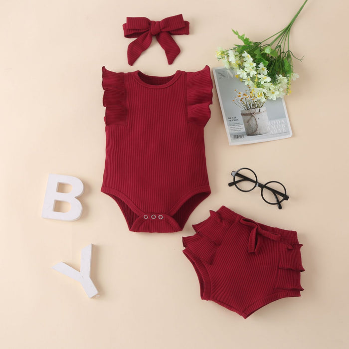 Children's wear solid color pit strip cotton sleeveless khaki shorts three piece set multicolor