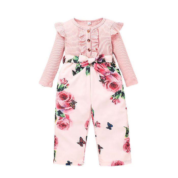 Baby Girls Printed Pink Long Sleeved Jumpsuit