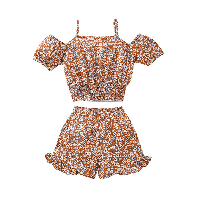 Suspender one shoulder floral girls fashion suit