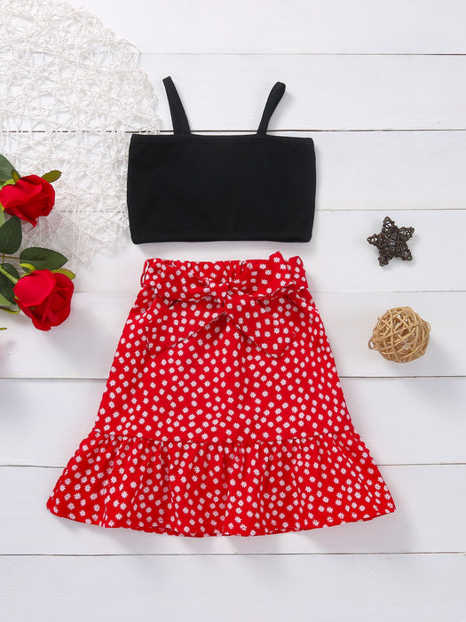 Solid color suspender Jacket Red Floral Lace Skirt A-line skirt two-piece set