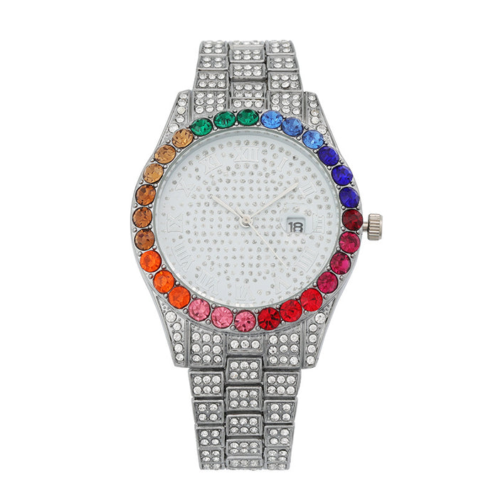 New Full Sky Star Steel Band Color Diamond Calendar Quartz Watch Llz20802