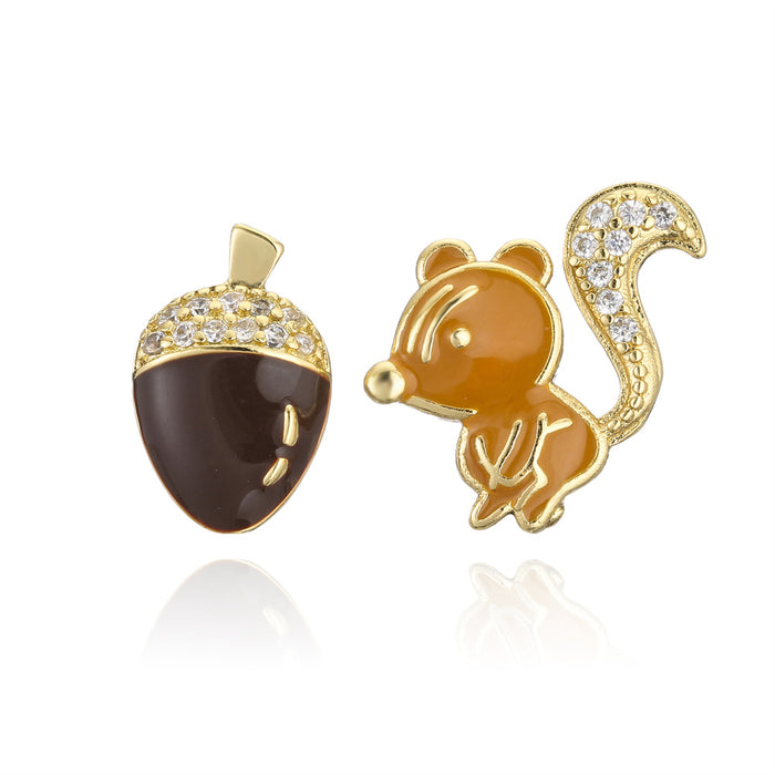 Personalized Oil Drop Gold Color Squirrel Zircon Animal Stud Earrings