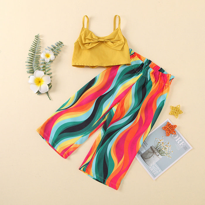 Solid colour bow tie suspender rainbow colour wide leg trousers small and medium-sized children's suit