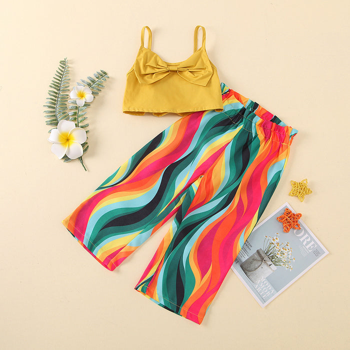 Solid color bow tie suspender rainbow color wide leg trousers small and medium-sized children's suit