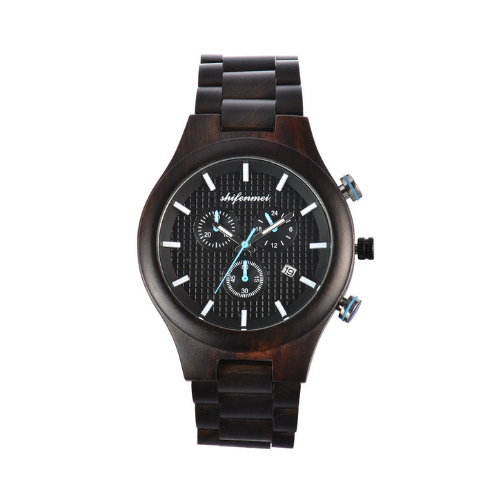 Classic Fashion Multifunctional Waterproof Three Eye Wooden Quartz Watch