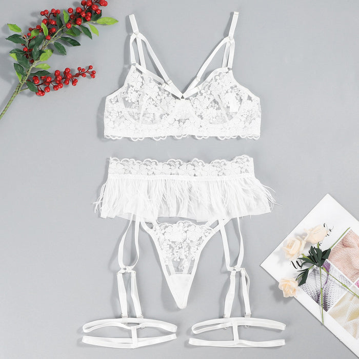 Sexy Embroidered Mesh Underwear Women Garter Lingerie Set