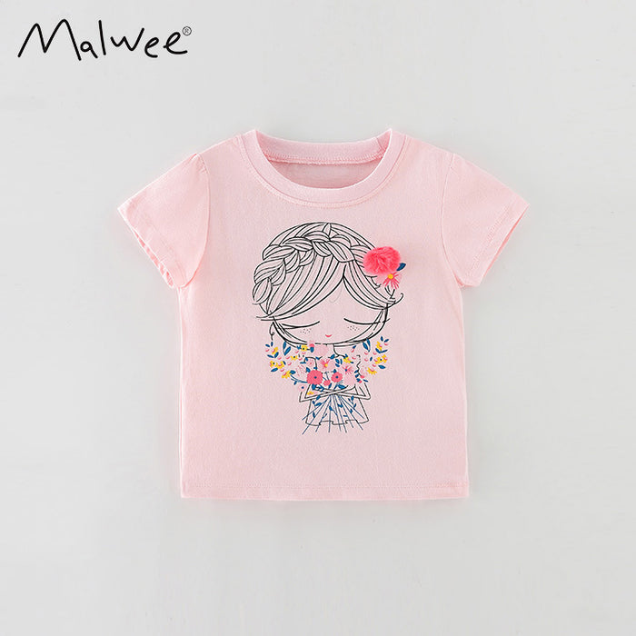 Girls' cartoon cotton short sleeve round neck