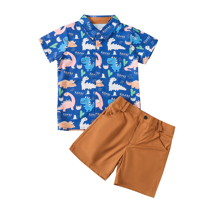 Boy's Dinosaur Printed Short Sleeved Shirt Two-piece Set