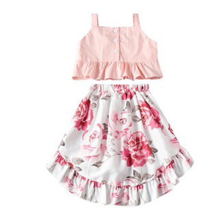 Suspender top floral skirt two-piece set personality irregular skirt middle girl suit