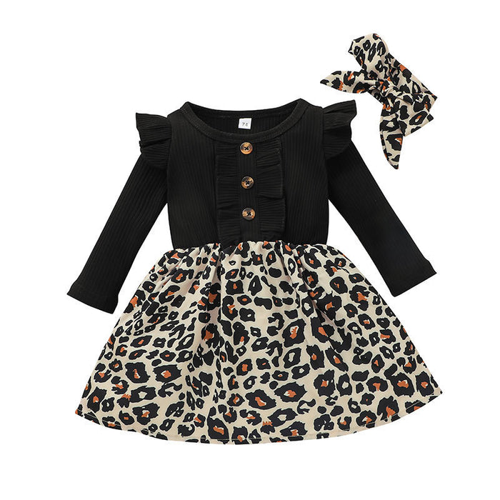 Gilrs Leopard Long Sleeve Skirt with Headband