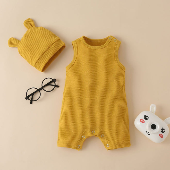 Baby one piece sleeveless creeper suit solid color waffle hat hatchback two piece set
