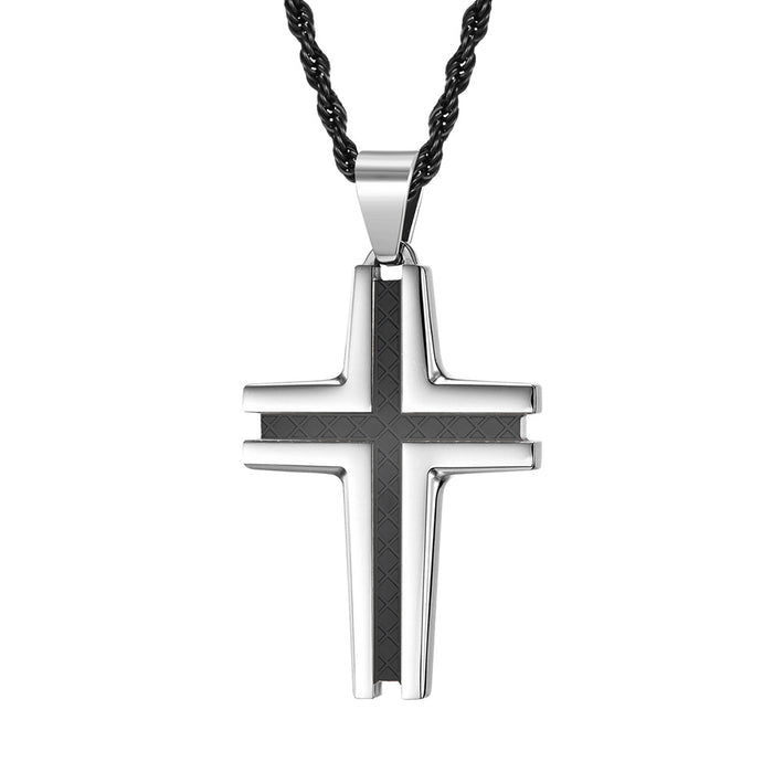 Carved Checkered Polished Stainless Steel Cross Necklace