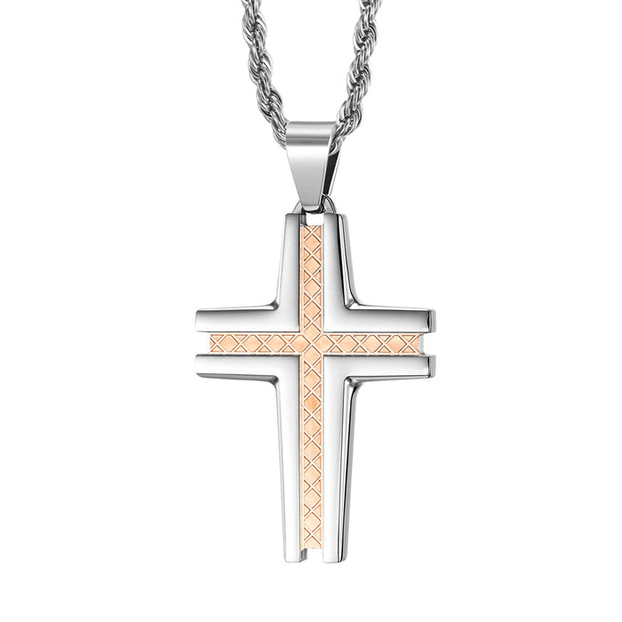 Carved Checkered Polished Stainless Steel Cross Necklace