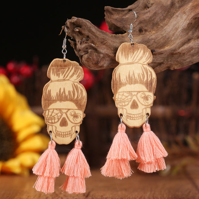 New Fringed Wooden Skull Spider Personality Lady Earrings