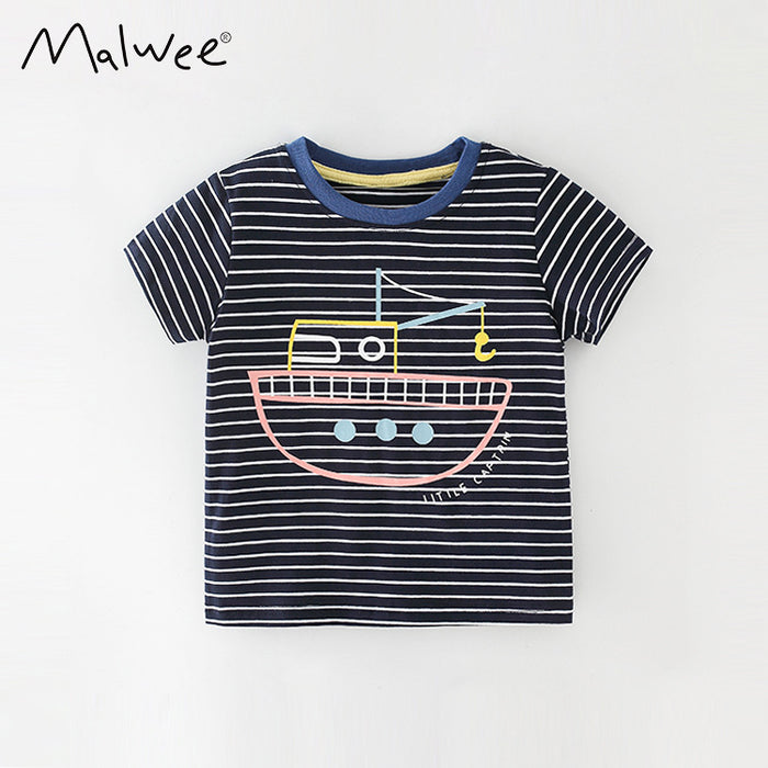 Children's handsome stripe cartoon cotton short sleeve round neck T-shirt