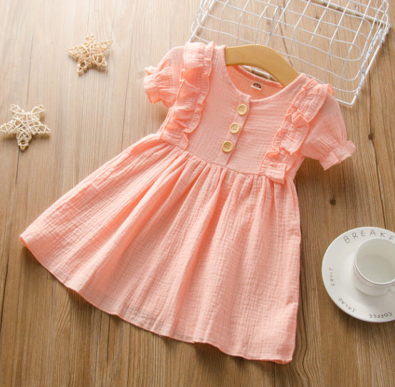 Cotton linen short sleeve stitched girls dress