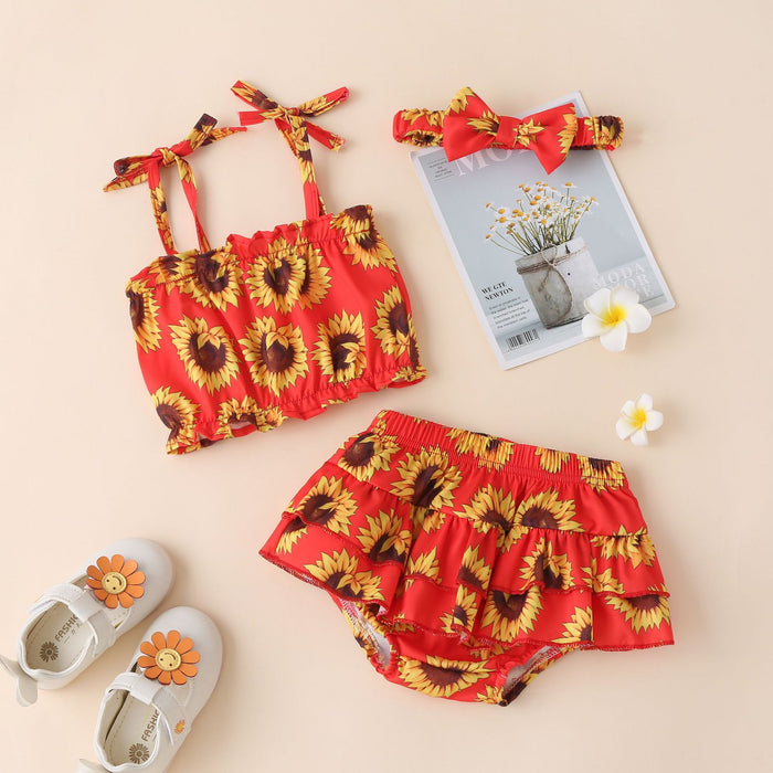 Baby girl's suspender sunflower Top + skirt shorts three piece set