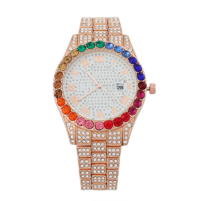 New Full Sky Star Steel Band Color Diamond Calendar Quartz Watch Llz20802