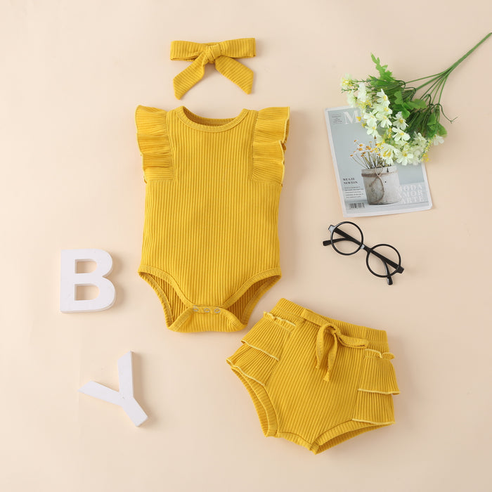 Children's wear solid color pit strip cotton sleeveless khaki shorts three piece set multicolor