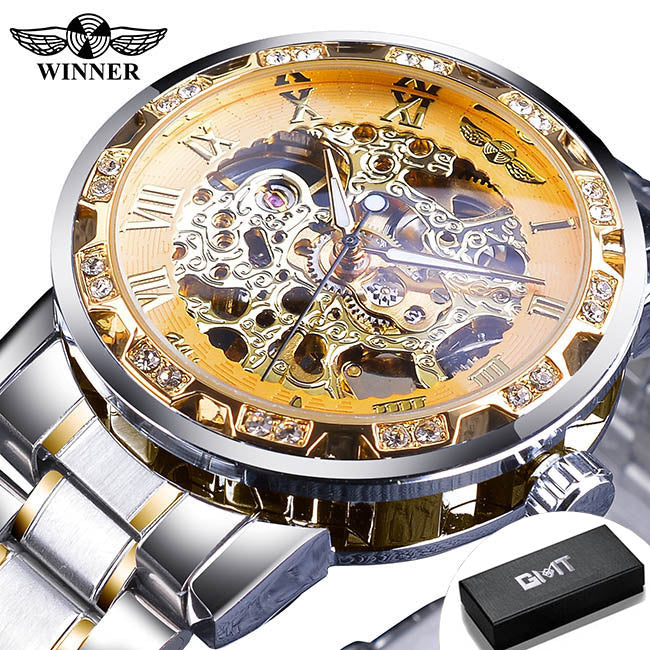 Winner Watch Men's Fashion Casual Hollow Rhinestone Manual Mechanical Watch