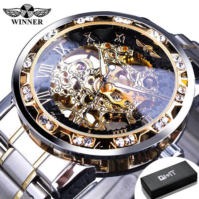 Winner Watch Men's Fashion Casual Hollow Rhinestone Manual Mechanical Watch